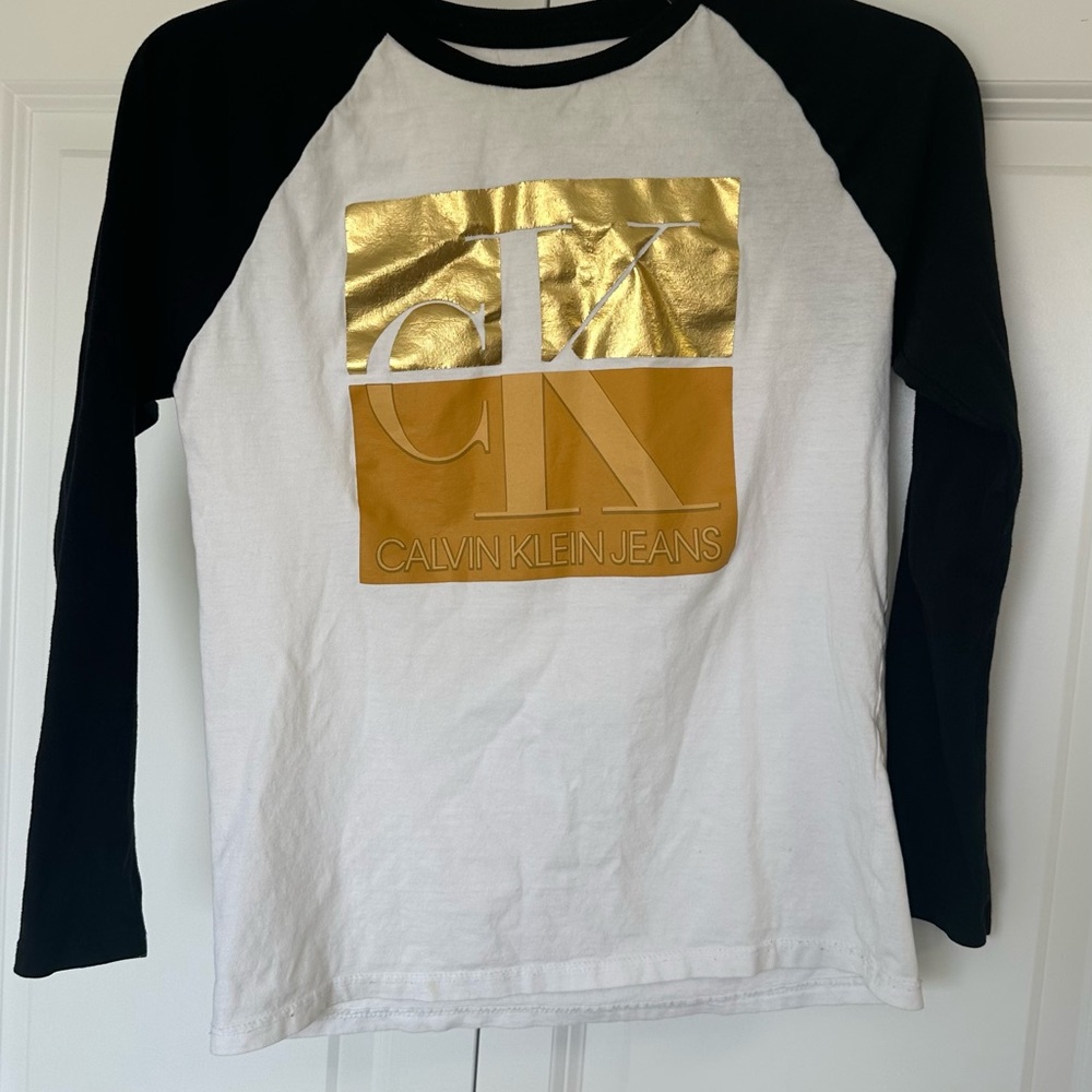 Calvin Klein Kids Black and White Long Sleeve Tee with Gold